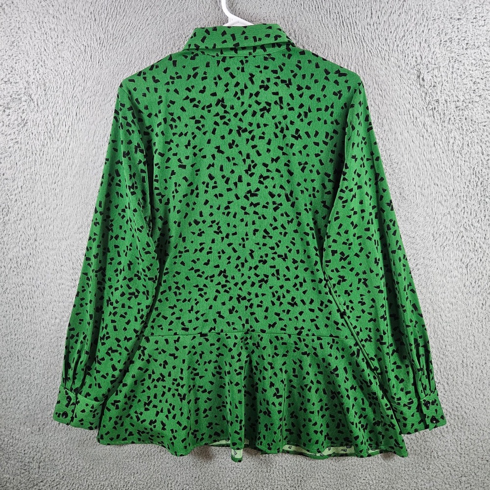 Susan Graver Green Black Abstract Print Peplum Button Front Blouse Womens Medium - Picture 6 of 9